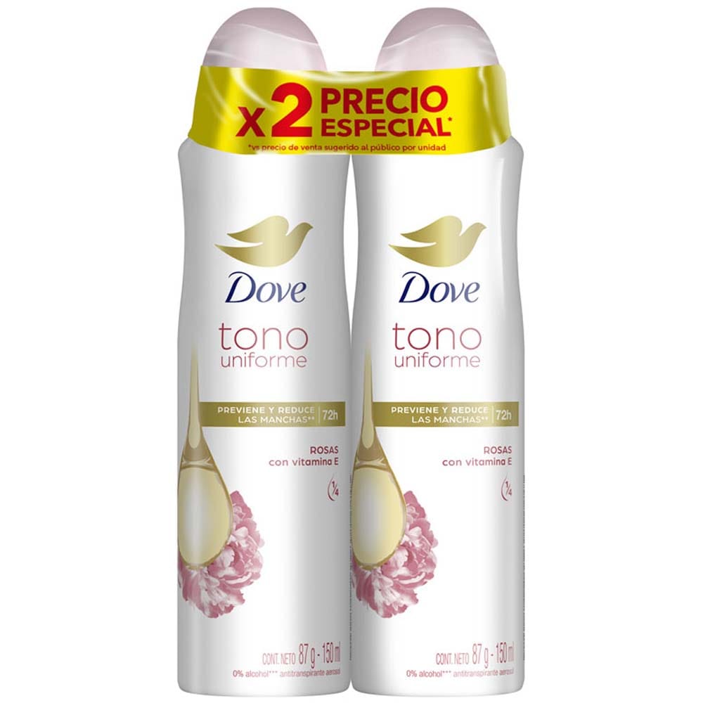Desodorante para Mujer en Aerosol DOVE Tono Uniforme Rosas Frasco 300ml
