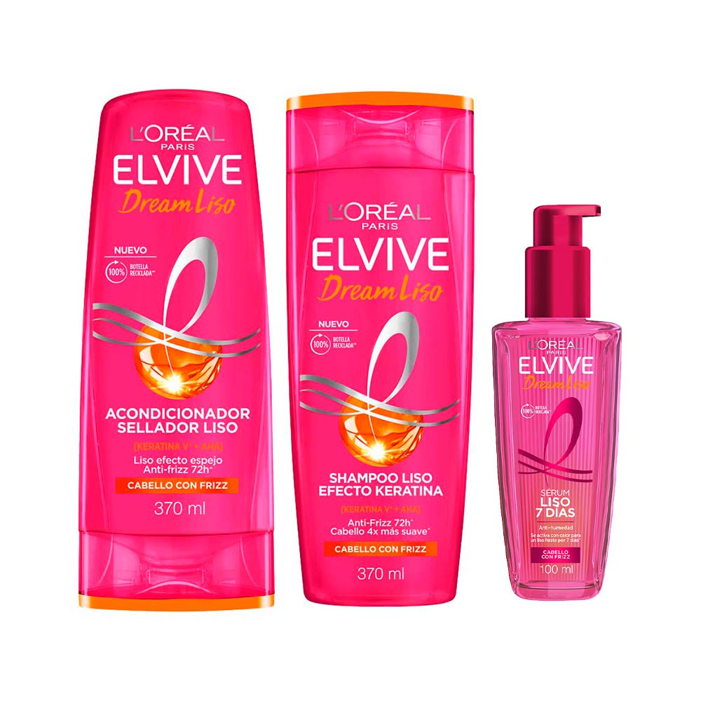 Pack ELVIVE Dream Liso Shampoo Frasco 370ml + Tratamiento Serúm Capilar Frasco 100ml + Acondicionador Botella 370ml