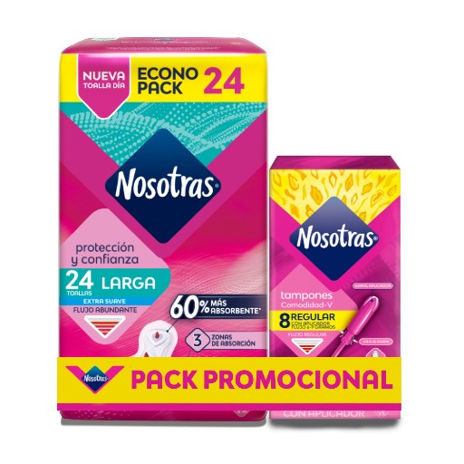 Pack NOSOTRAS Toalla Higiénica Larga de Día Paquete 24un + Tampón con Aplicador Regular Caja 8un