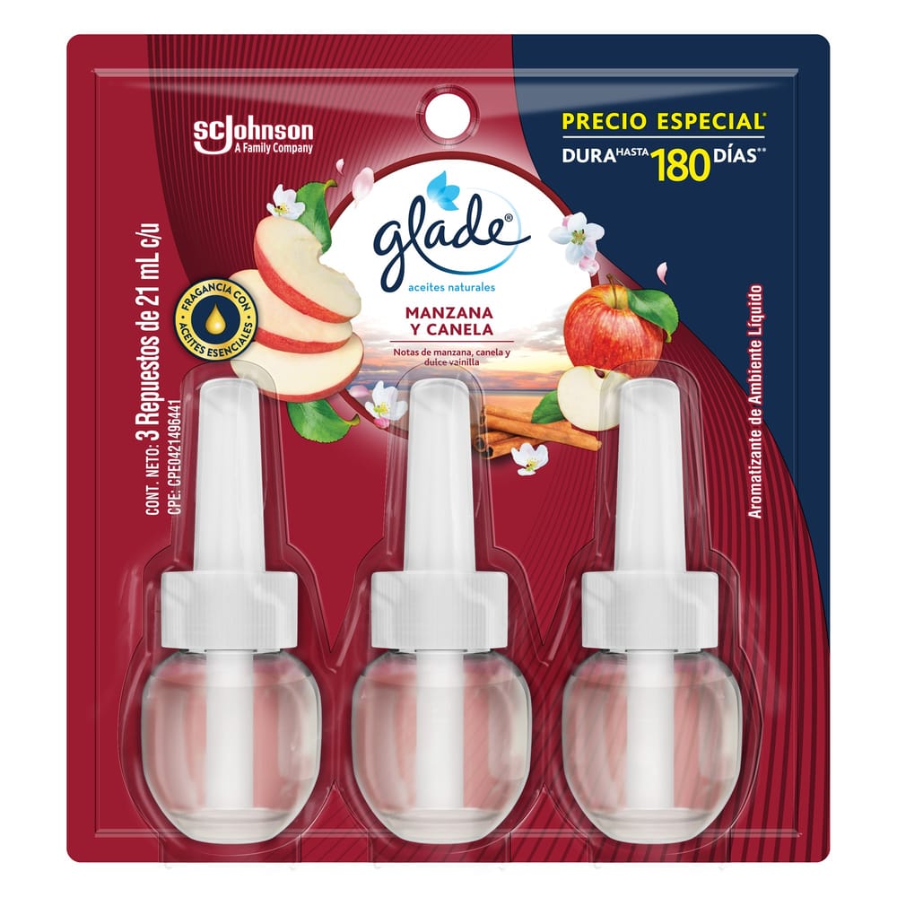 Ambientador Eléctrico GLADE Manzana y Canela Empaque 63ml Paquete 3un