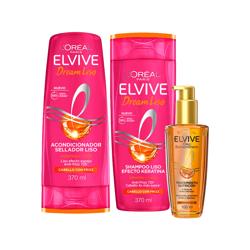 Pack ELVIVE Champú Sueño Liso Frasco 370ml + Acondicionador Dream Cabello Liso Botella 370ml + Aceite Óleo Frasco 100ml