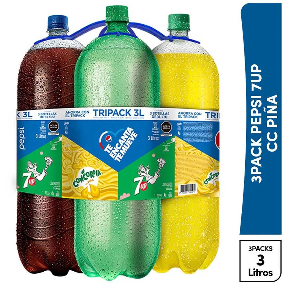 Gaseosa PEPSI + 7UP + CONCORDIA Piña Botella 3L Paquete 3un
