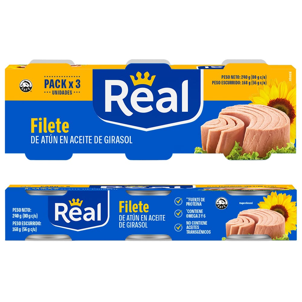 Filete de Atún REAL en Aceite de Girasol Lata 80g Paquete 3un