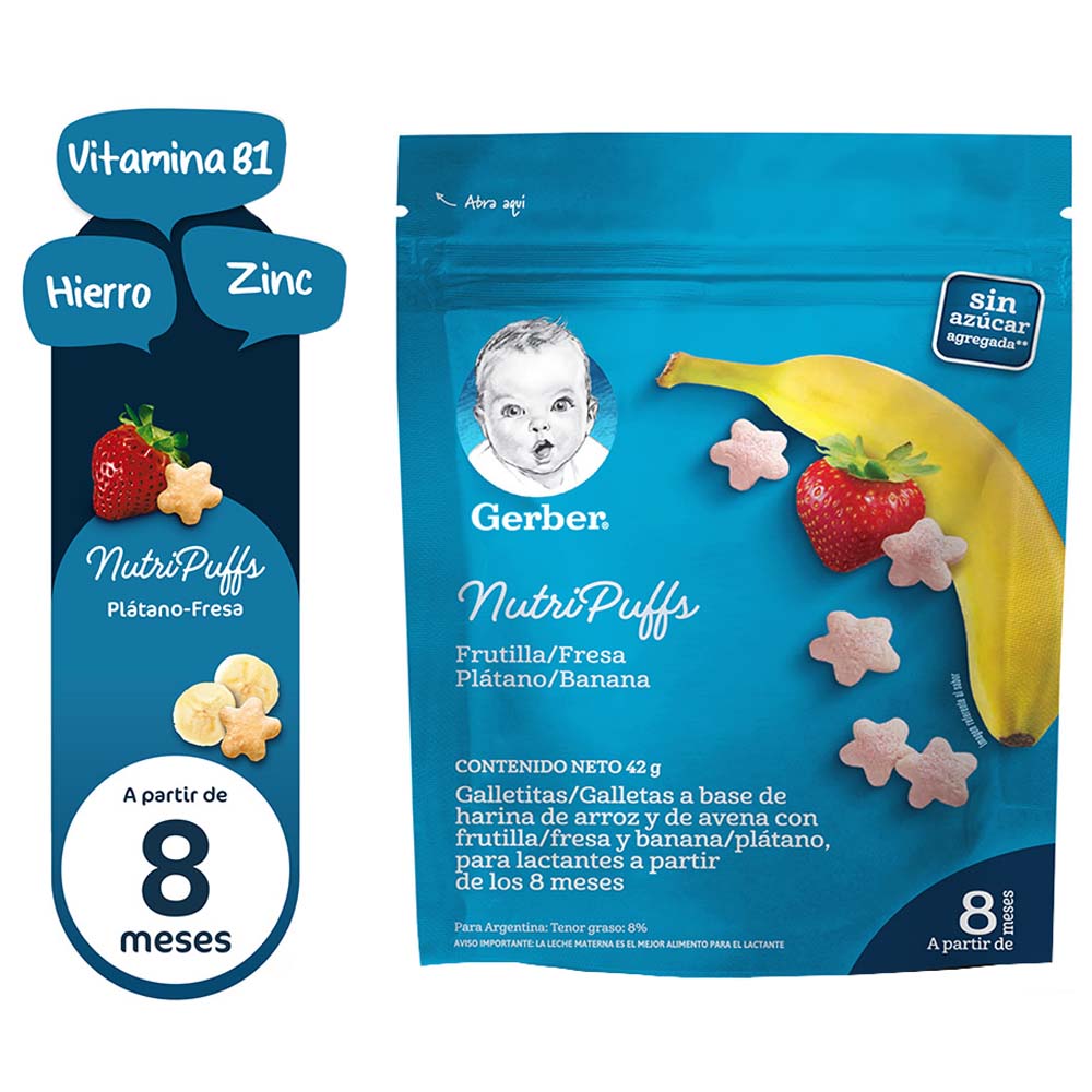 Galletas Nutrisnack GERBER Plátano y Fresa Sobre 42g