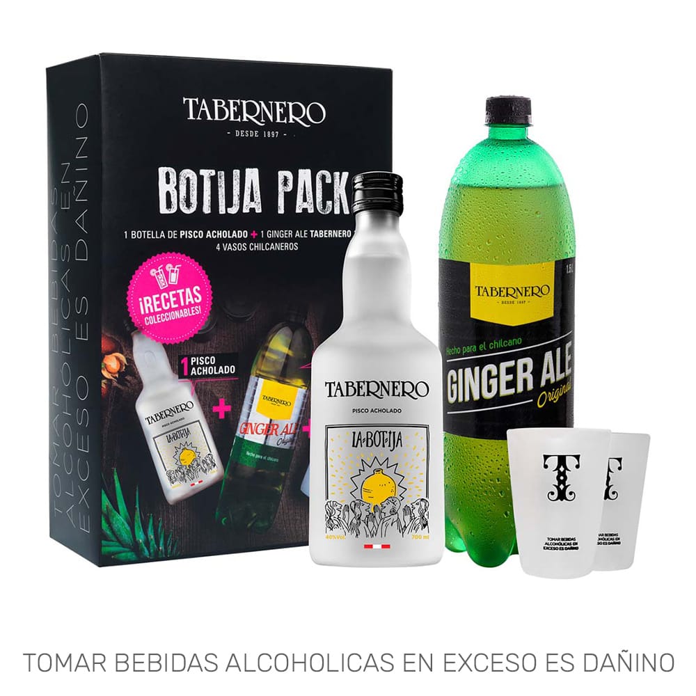 Pack Botija Pisco Acholado TABERNERO Botella 700ml + Ginger Ale TABERNERO Botella 1.5L + 2 Vasos Chilcaneros