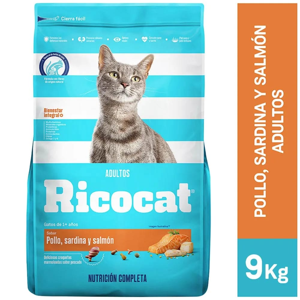 Alimento para Gato RICOCAT Adulto Pollo, Sardina y Salmón Bolsa 9Kg