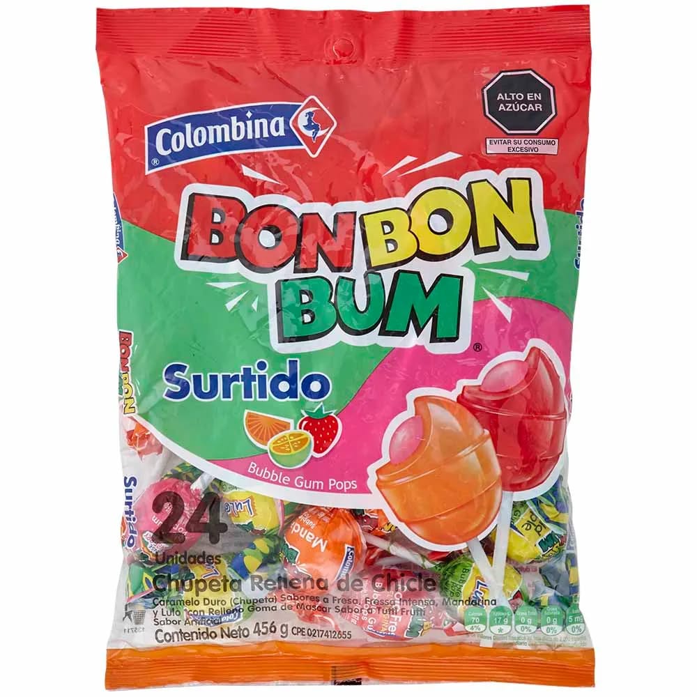 Chupetes BOM BOM BUM con Chicle sabores Surtidos Bolsa 456g