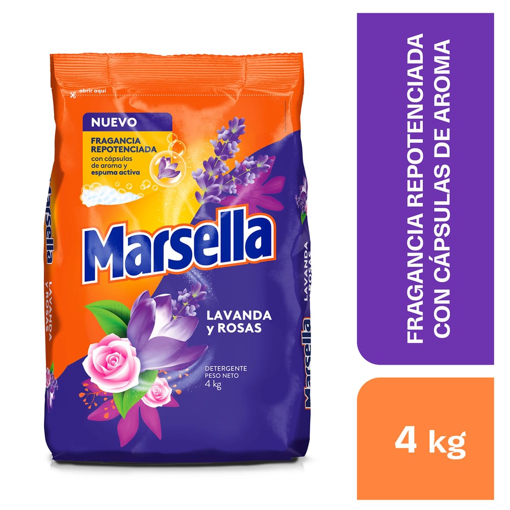 Detergente en Polvo MARSELLA Lavanda y Rosas Bolsa 4Kg
