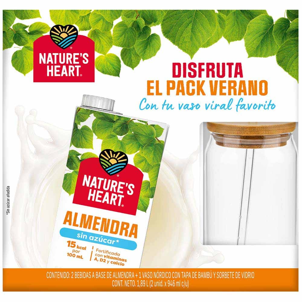 Pack Bebida Vegetal de Almendras NATURE'S HEART Caja 946ml x 2un + Vaso
