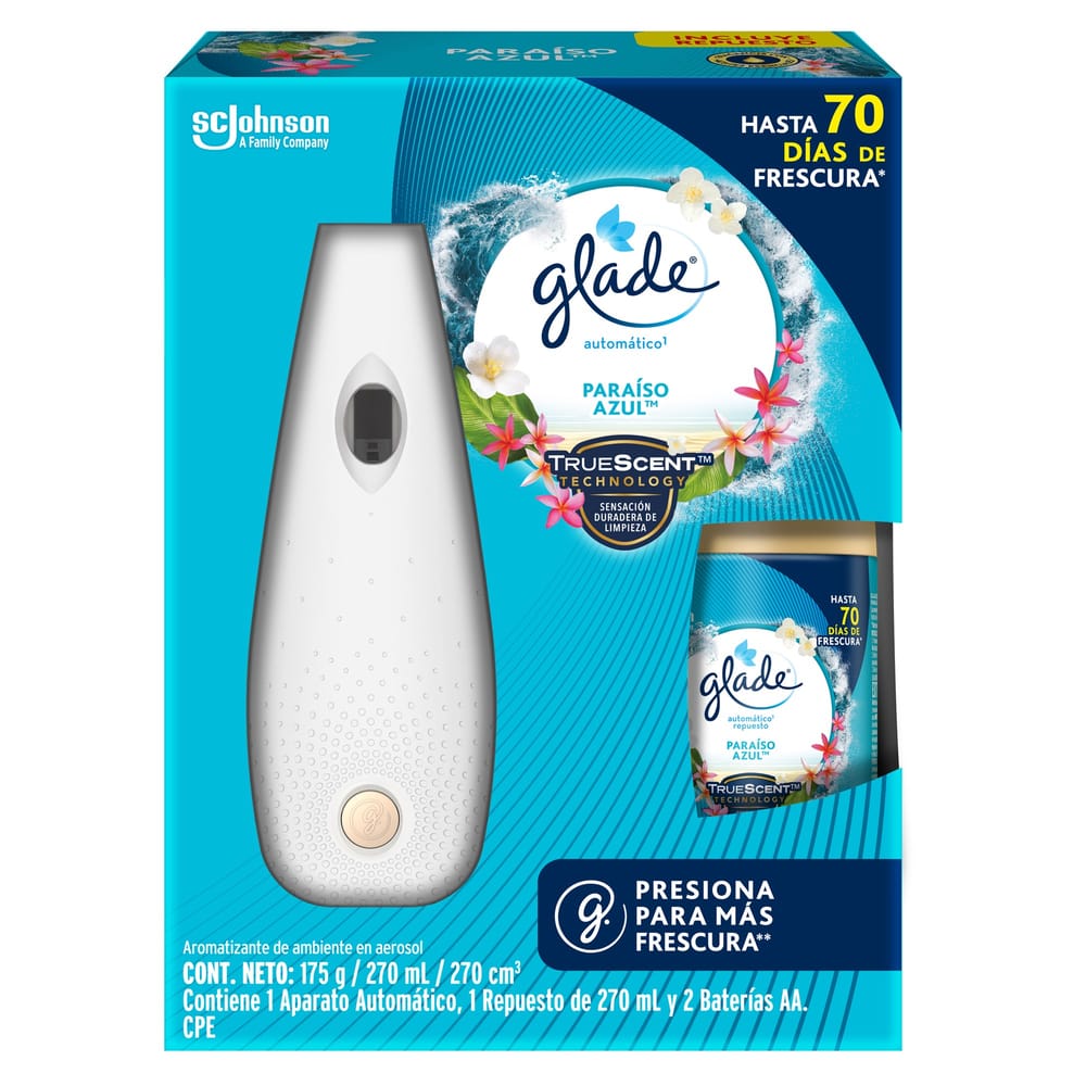 Ambientador Eléctrico GLADE Paraíso Azul Aparato y Repuesto Paquete 21ml