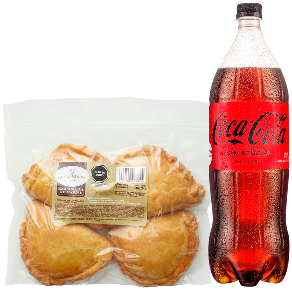 Pack Empanada de Carne Paquete 4un + Gaseosa COCA COLA Sin Azúcar Botella 1.5L
