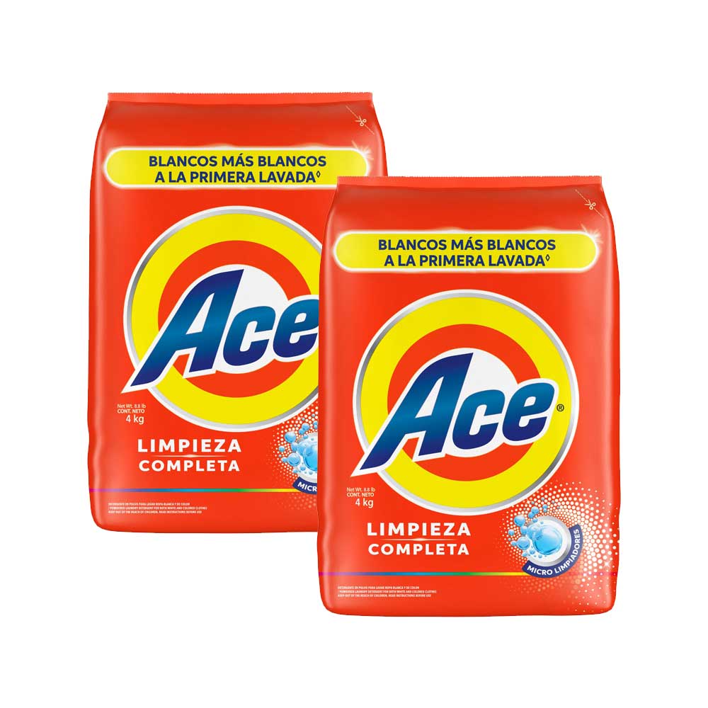 Pack Detergente en Polvo ACE Limpieza Completo Floral Bolsa 4Kg x 2un