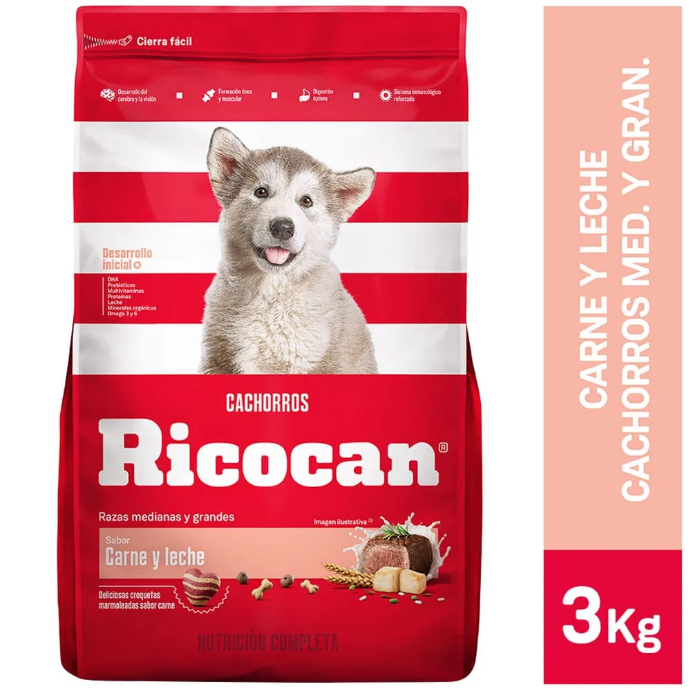 Alimento para Perro RICOCAN Cachorro Medianos y Grandes Sabor Carne y Leche Bolsa 3Kg