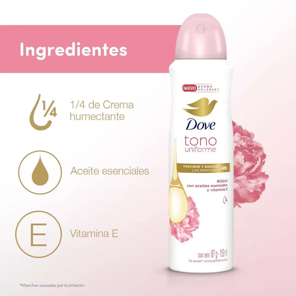 Desodorante para Mujer en Aerosol DOVE Tono Uniforme Rosas Frasco 150ml
