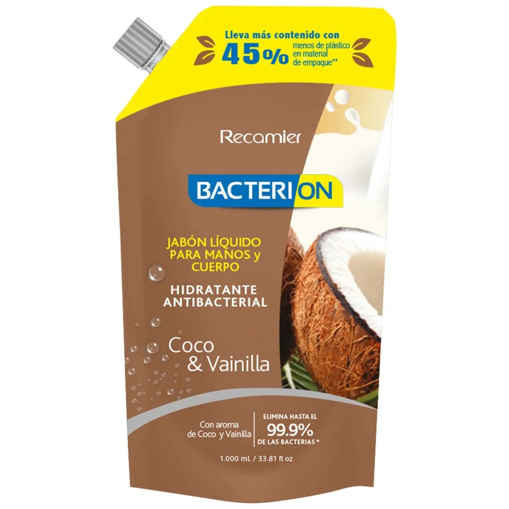 Jabón Líquido Antibacterial BACTERION Coco y Vainilla Doypack 1L