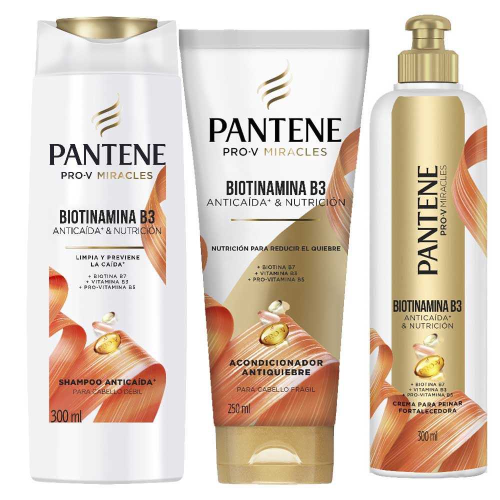 Pack PANTENE Anti-Caída Shampoo Botella 300ml + Acondicionador Botella 250ml + Crema para Peinar Botella 300ml