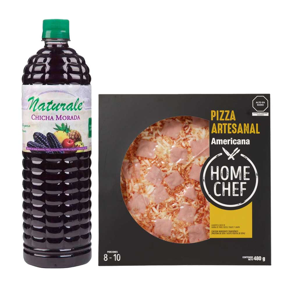 Pack Jugo de Fruta NATURALE Chicha Morada Botella 1L + Pizza Americana Familiar HOME CHEF 1un