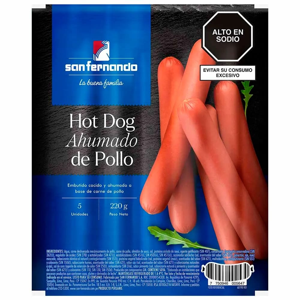 Hot Dog Ahumado de Pollo SAN FERNANDO Paquete 220g