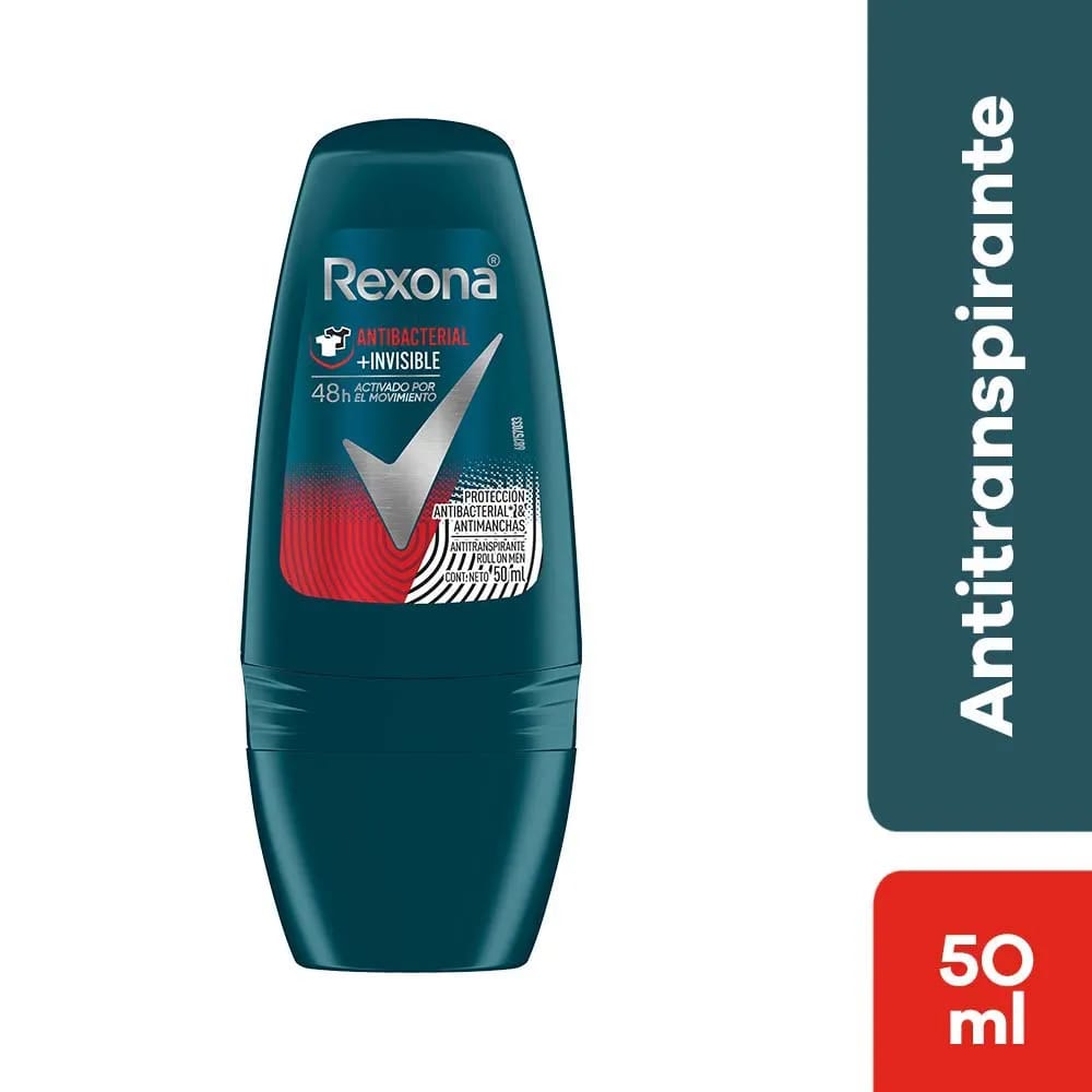 Desodorante para Hombre en Roll On REXONA Antibacterial Invisible Frasco 50ml