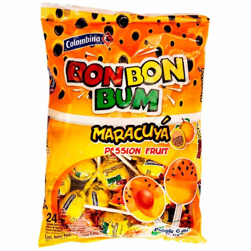 Chupetes BOM BOM BUM con Chicle sabor Maracuyá Bolsa 456g
