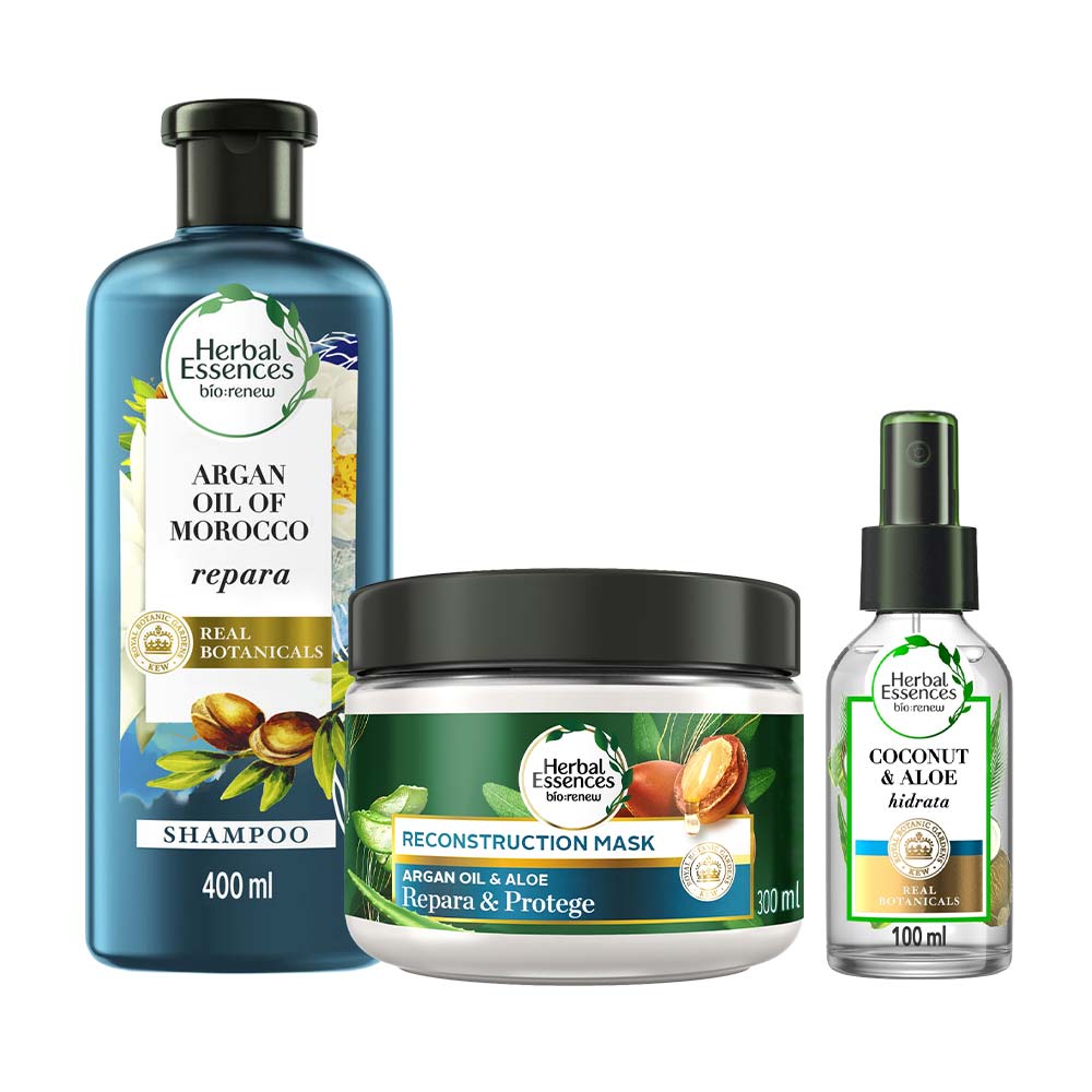 Pack HERBAL ESSENCES Mascarilla Frasco 300ml + Mascarilla Coconut & Aloe Botella 100ml + Shampoo Aceite de Argán Frasco 400ml