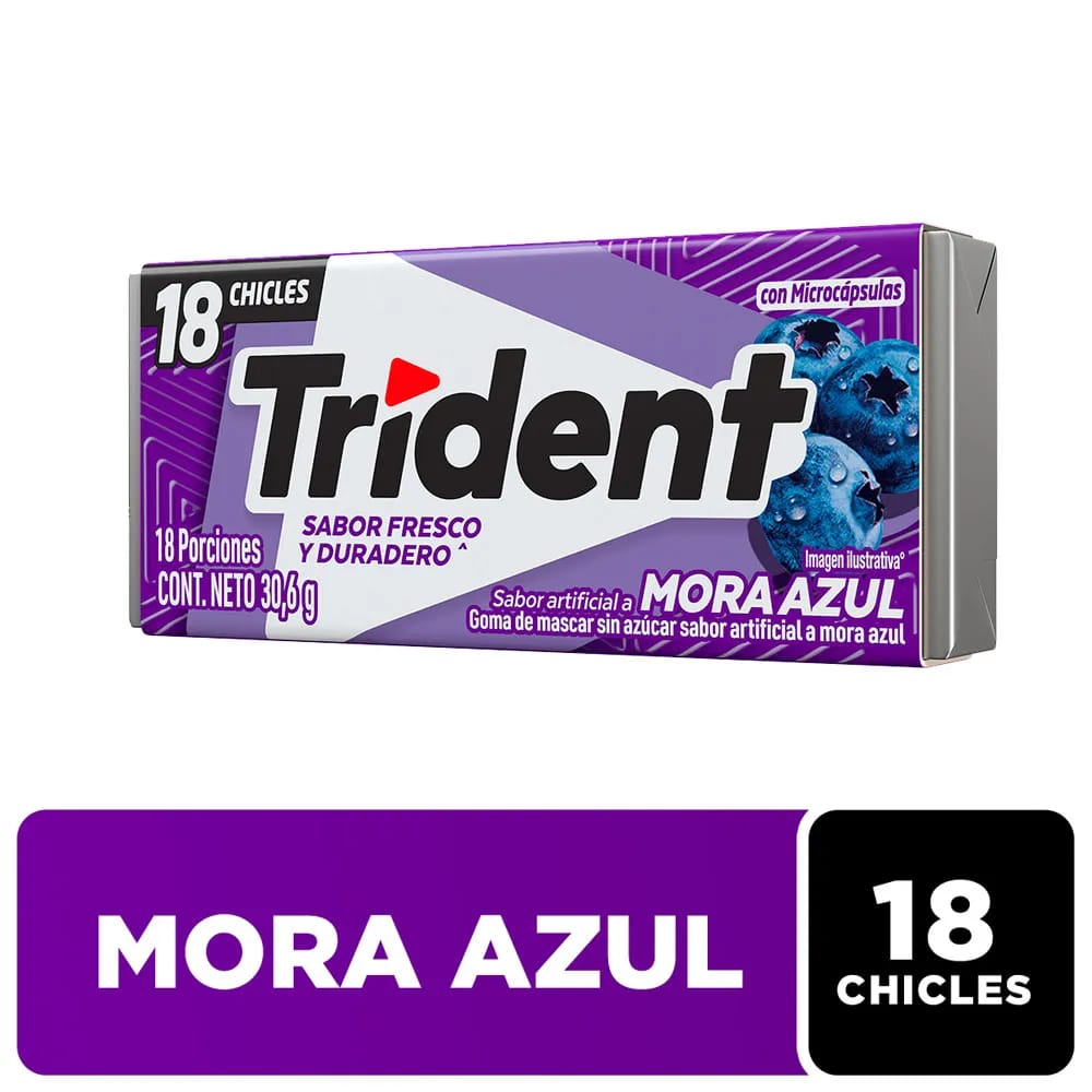 Chicle TRIDENT Sin Azúcar sabor Mora Azul Envase 18un