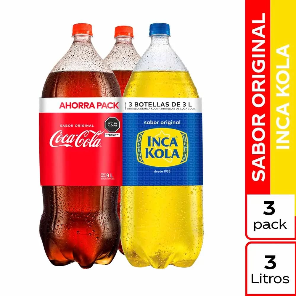 Gaseosa INCA KOLA Sabor Original 2 Botellas 3L + Gaseosa COCA COLA Sabor Original 1 Botella 3L