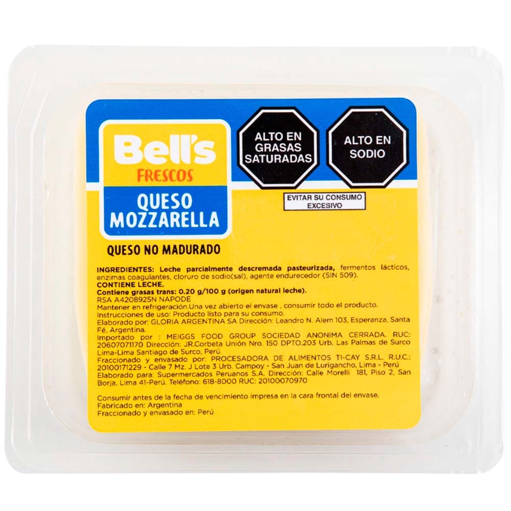 Queso Mozzarella en Tajadas BELL'S Paquete 180g