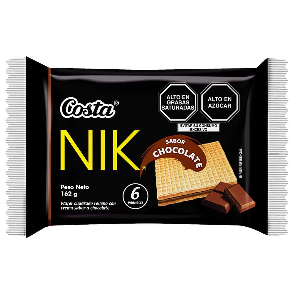 Wafer Cuadrado NIK Relleno con Crema Sabor a Chocolate Paquete 6un