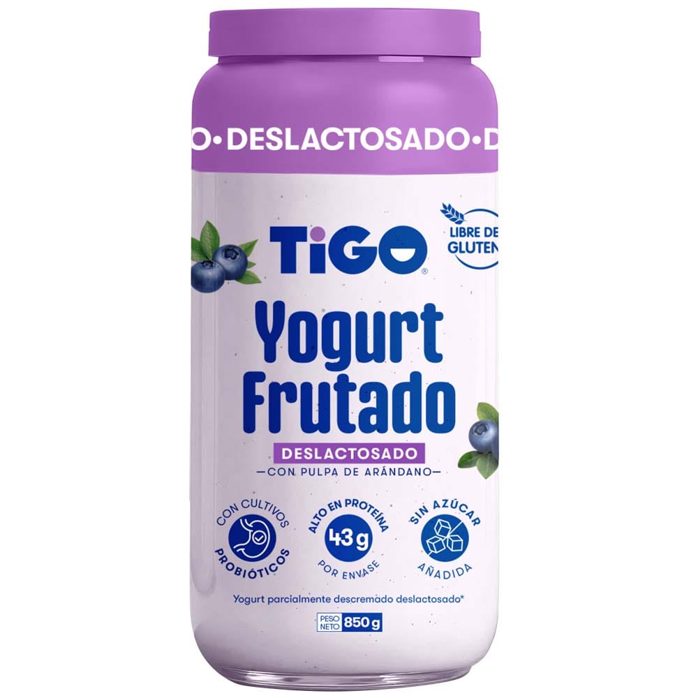 Yogurt Frutado TIGO Deslactosado Sabor a Arándano Frasco 850g
