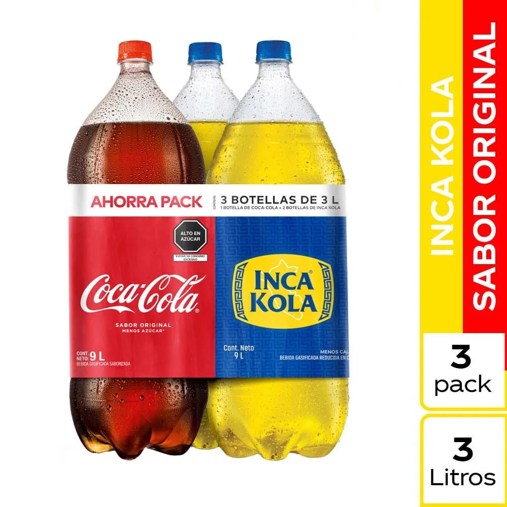 Gaseosa INCA KOLA + COCA COLA Botella 3L Paquete 3un