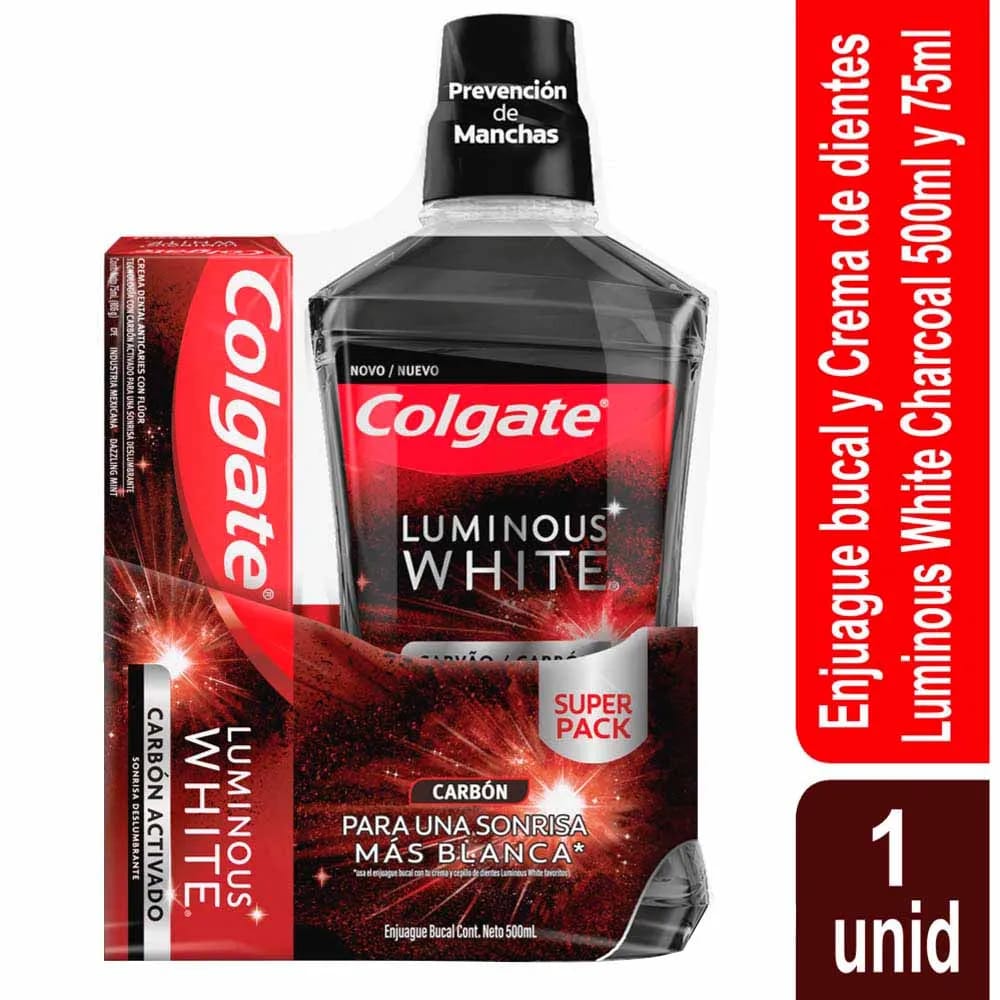 Pack Enjuague Bucal COLGATE Luminous White Frasco 500ml + Crema Dental COLGATE Luminous White Caja 75ml