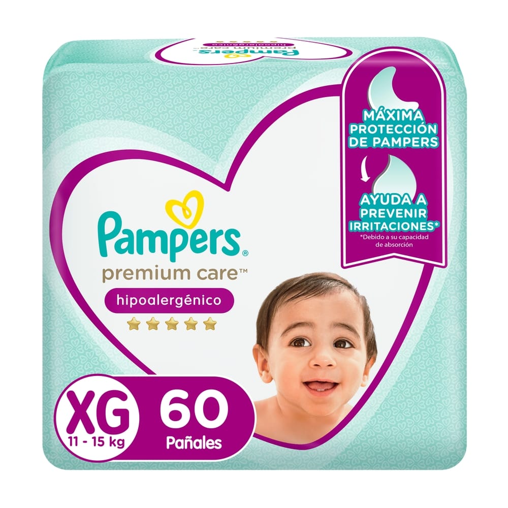 Pañales para Bebés Desechables PAMPERS Premium Care Hipoalergénico Talla XG Bolsa 60un