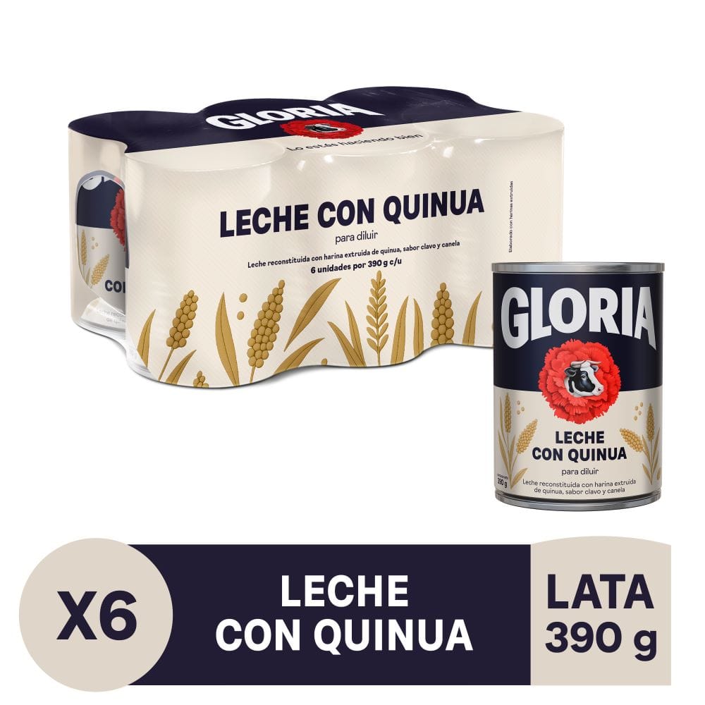 Leche Reconstituida GLORIA con Quinua Lata 390g Paquete 6un