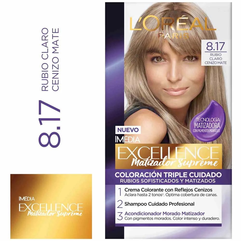 Tinte para Cabello EXCELLENCE Mujer 8.17 Rubio Claro Cenizo Mate Caja 1un