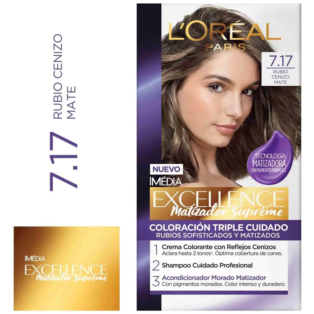 Tinte para Cabello EXCELLENCE Mujer 7.17 Rubio Cenizo Mate Caja 1un