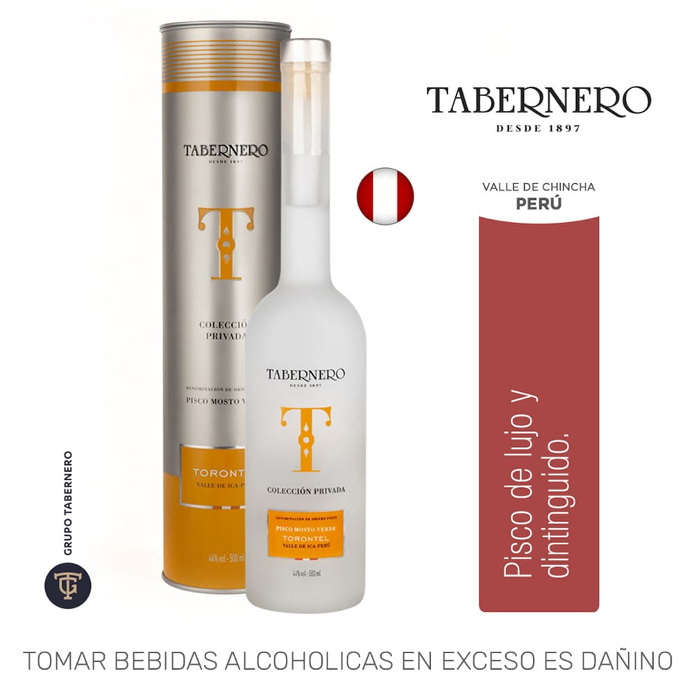 Pisco TABERNERO Mosto Verde Torontel Botella 500 ml + Lata