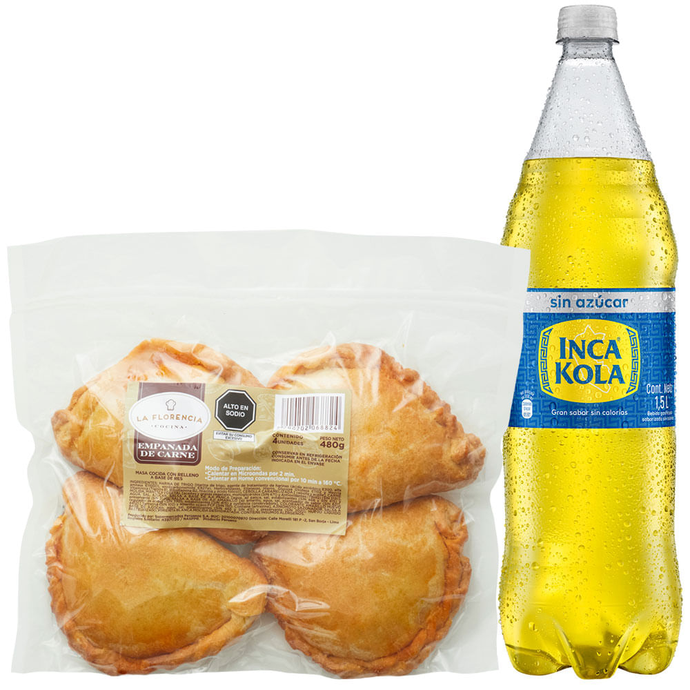 Pack Empanada de Carne Paquete 4un + Gaseosa INCA KOLA Sin Azúcar Botella 1.5L