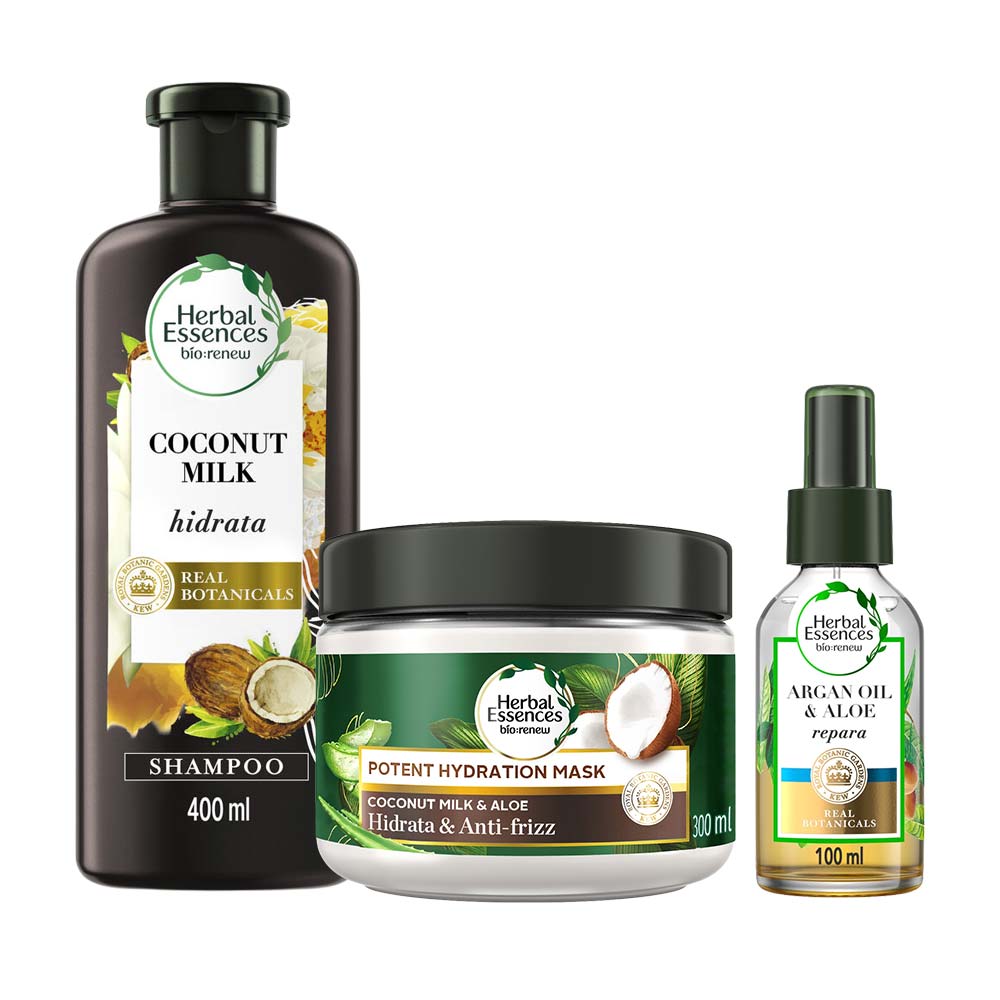 Pack HERBAL ESSENCES Mascarilla Coconut Milk & Aloe Frasco 300ml + Tratamiento Frasco 100ml + Shampoo Leche de Coco Frasco 400ml