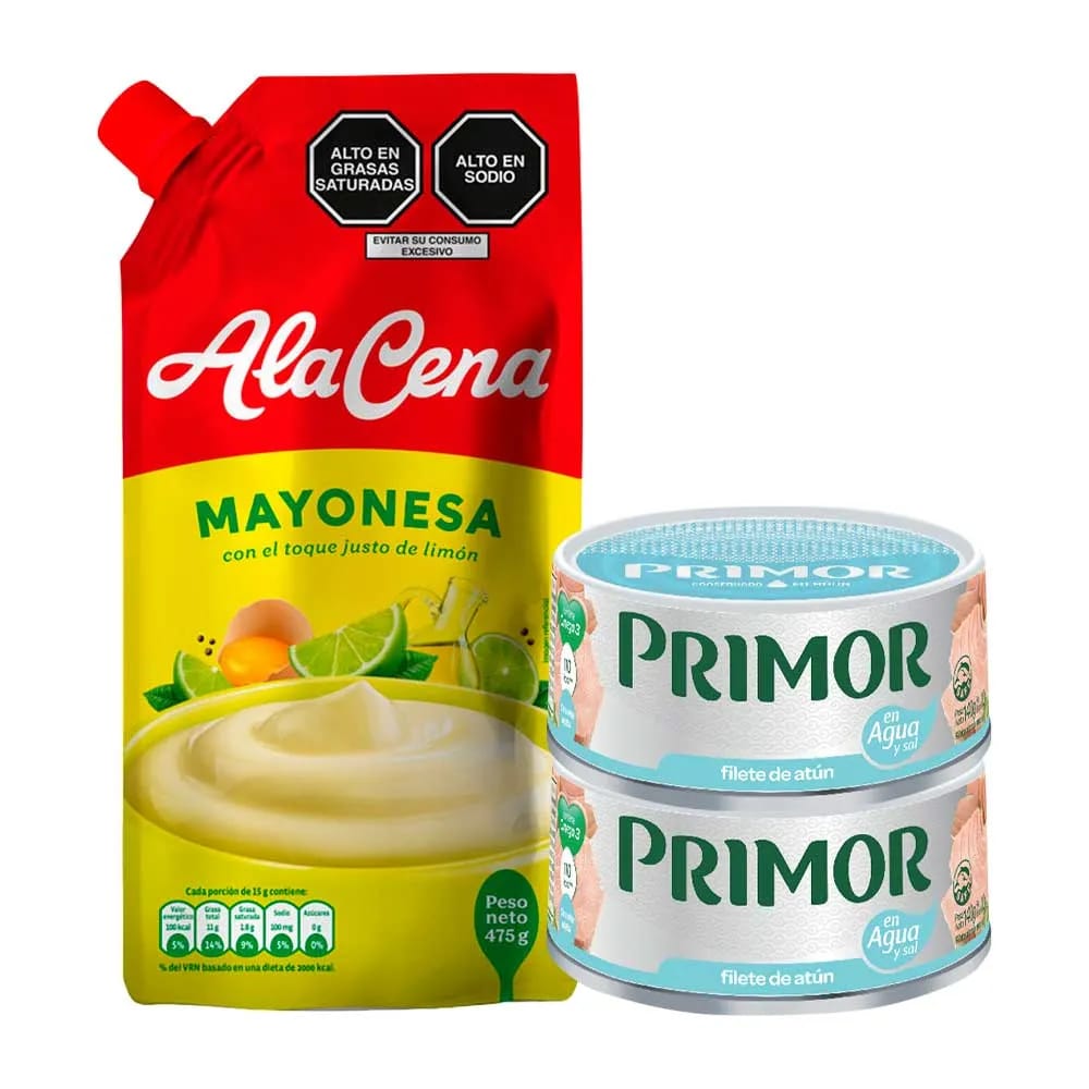 Pack Filete de Atún con Agua y Sal PRIMOR Lata 140g x2un + Mayonesa ALACENA Doypack 475g