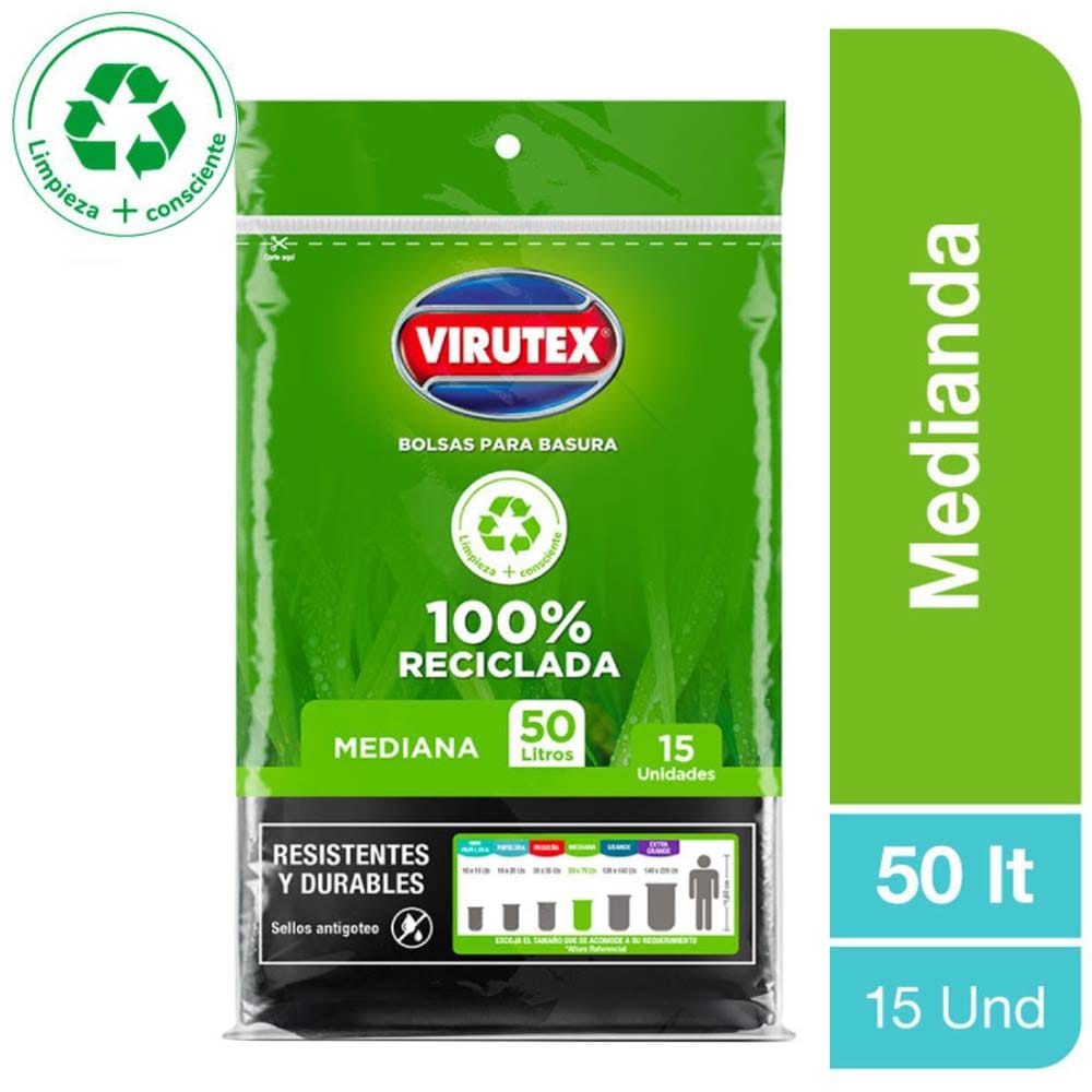 Bolsa para Basura 50L x15un VIRUTEX Color Negro Mediana