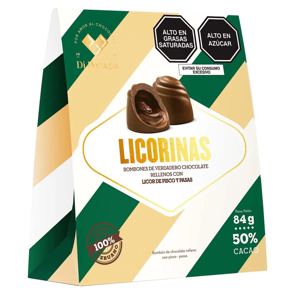 Bombones de Chocolate BRAVI Licorinas Pisco y Pasas Caja 84g
