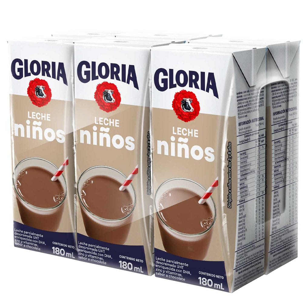 Leche UHT GLORIA Niños Sabor a Chocolate Caja 180ml Paquete 6un