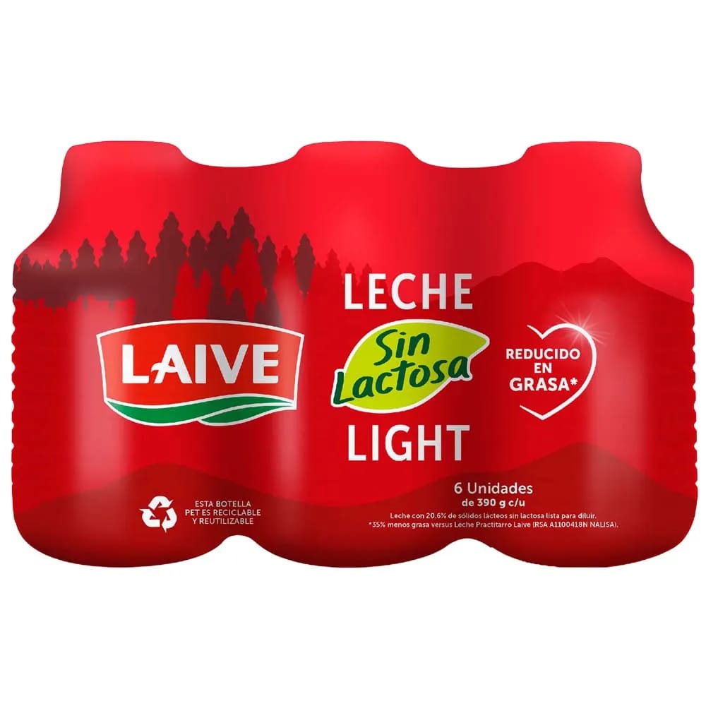 Leche sin Lactosa LAIVE Light Botella 390g Paquete 6un