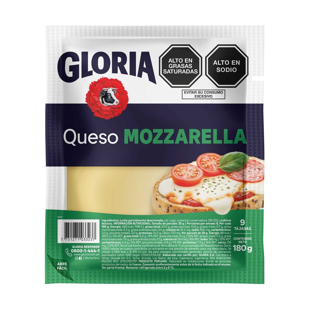 Queso Mozzarella en Tajadas GLORIA Paquete 180g