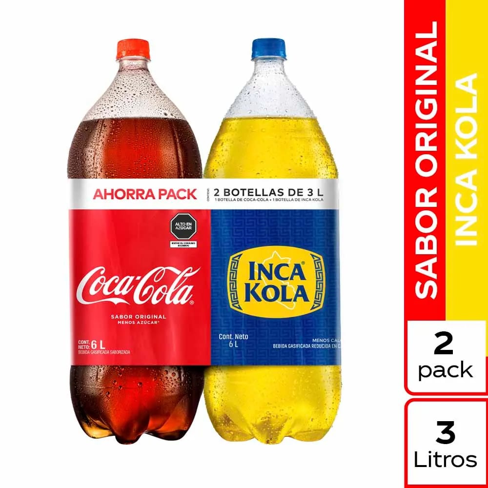 Gaseosa COCA COLA Sabor Original + INCA KOLA Sabor Original Botella 3L Paquete 2un