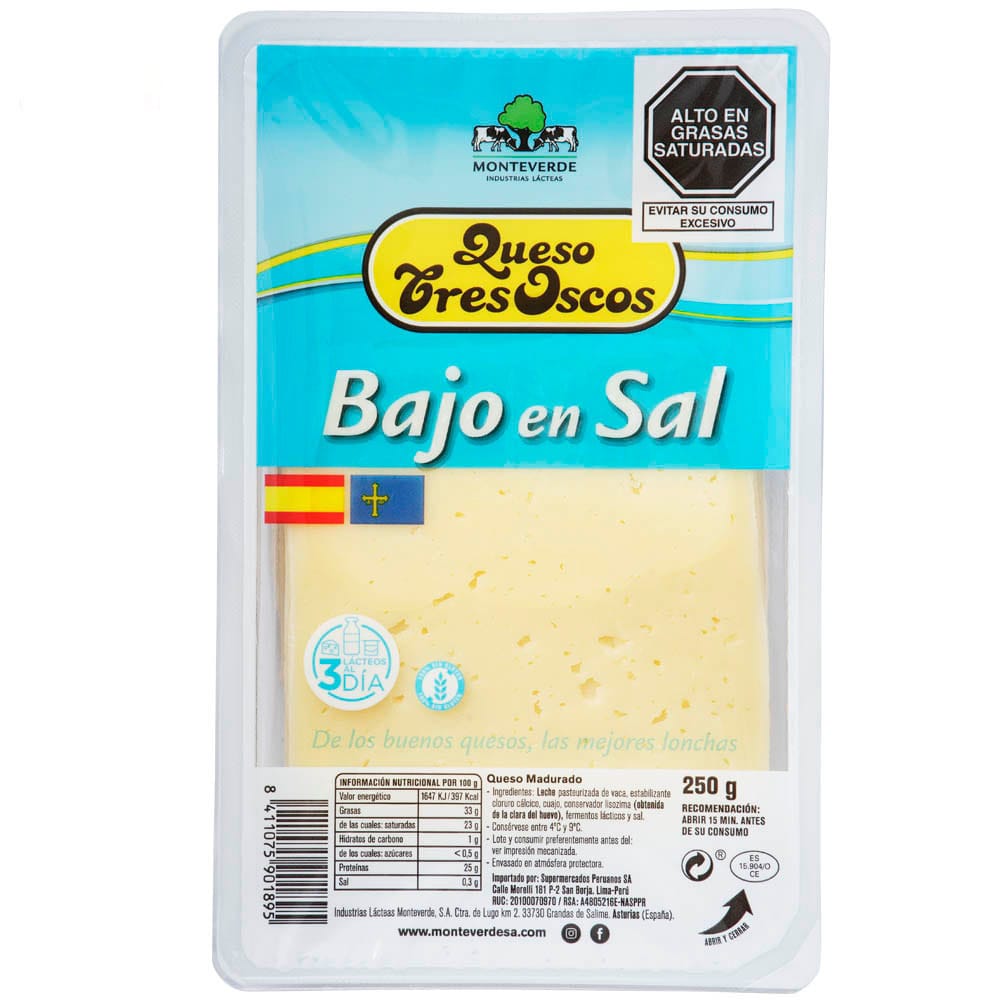 Queso Bajo en Sal TRES OSCOS Paquete 250g