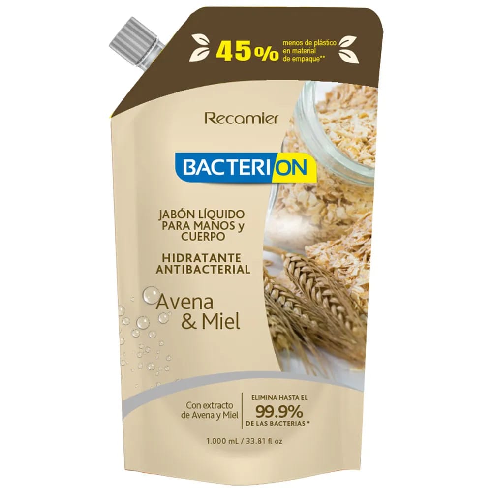 Jabón Líquido Antibacterial BACTERION Avena y Miel Doypack 1L