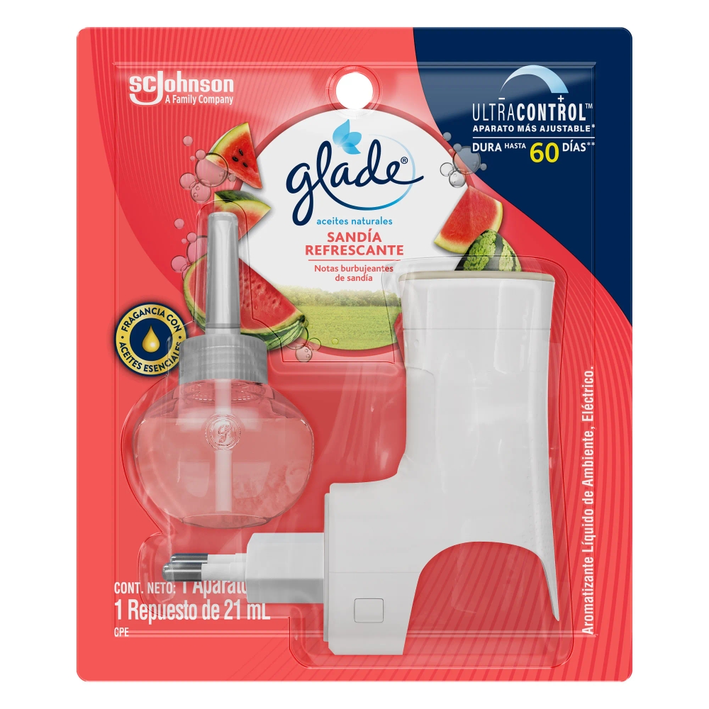 Ambientador de  Aceites Naturales GLADE Aparato + 1 Repuesto Sandía Refrescante Blíster 21ml c/u