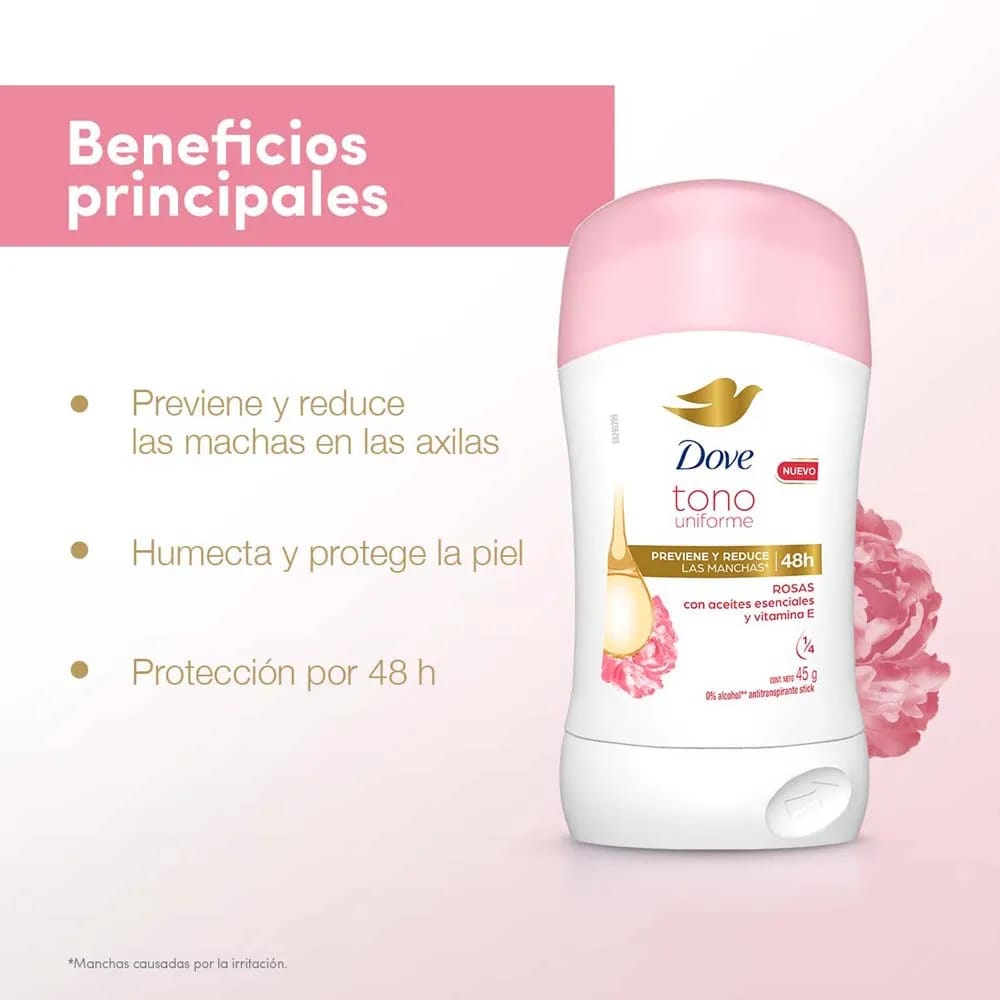 Desodorante para Mujer en Barra DOVE Tono Uniforme Rosas Frasco 45g